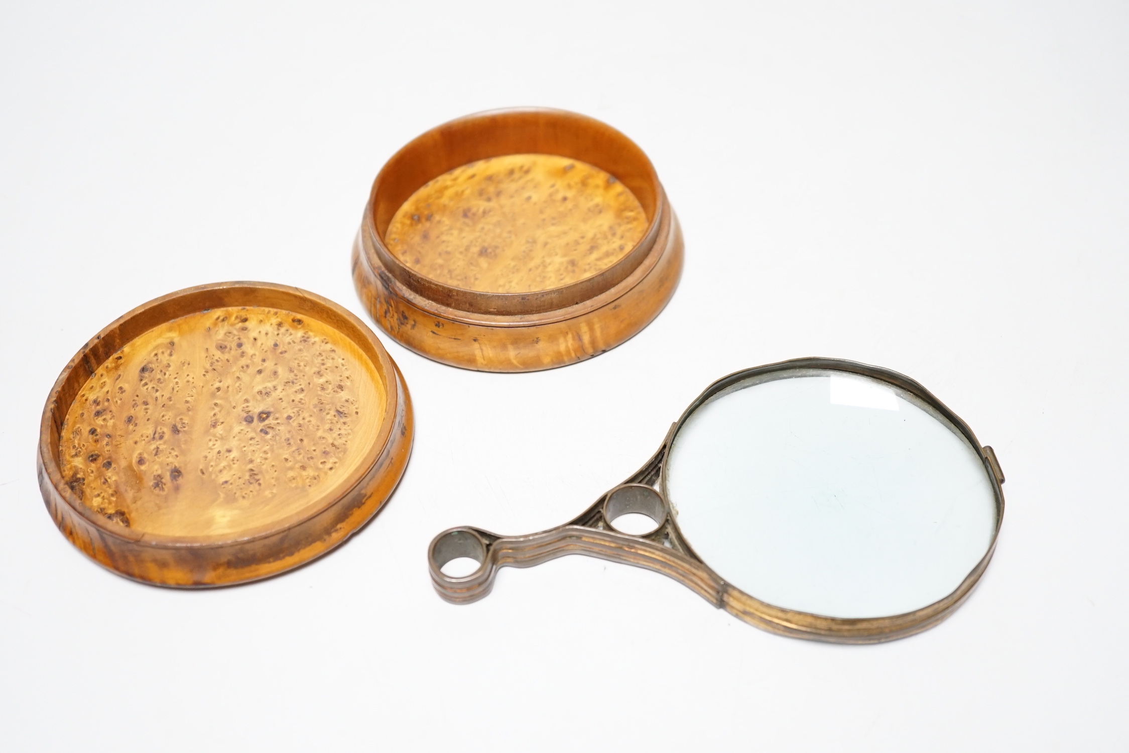 A 19th century burr walnut snuff box, 10.7cm and a gilt brass magnifying glass